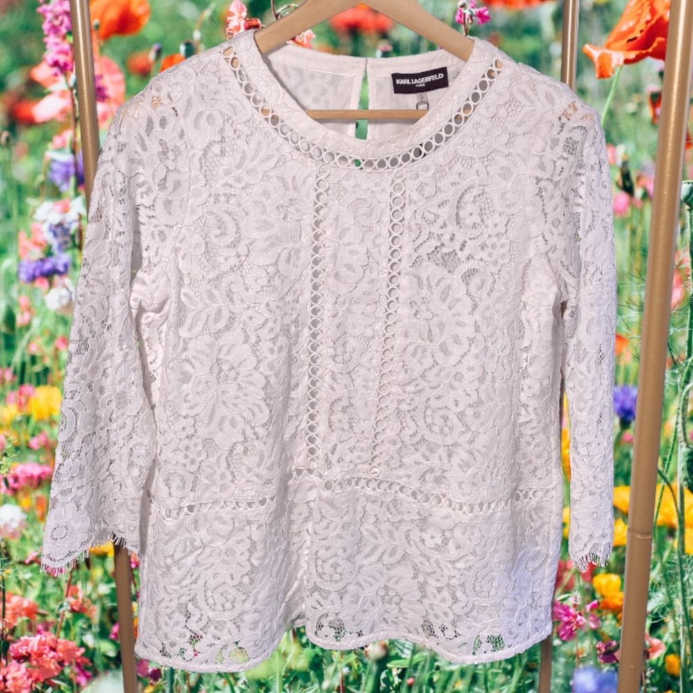 Karl Lagerfeld White Lace Blouse | 3/4 Sleeve Floral Eyelet Top
